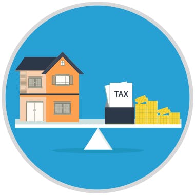graphic of a house on one side of a scale and tax documents and currency on the other side.