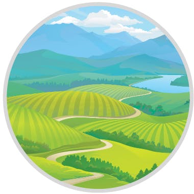 graphic of a large open valley with green grass, a river and mountains, blue skies and clouds.